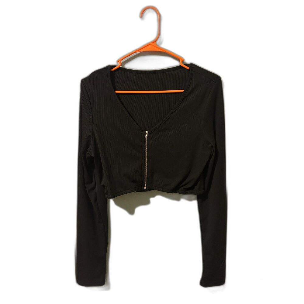 SHEIN Black Ribbed Cropped Zip Up Long Sleeve